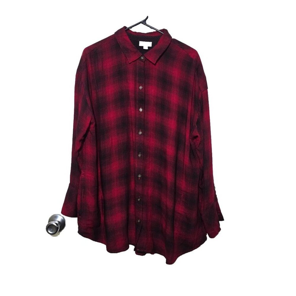 J Jill Flannel Shirt XL Plaid Button Up Red Lumberjack Pockets Comfort Casual